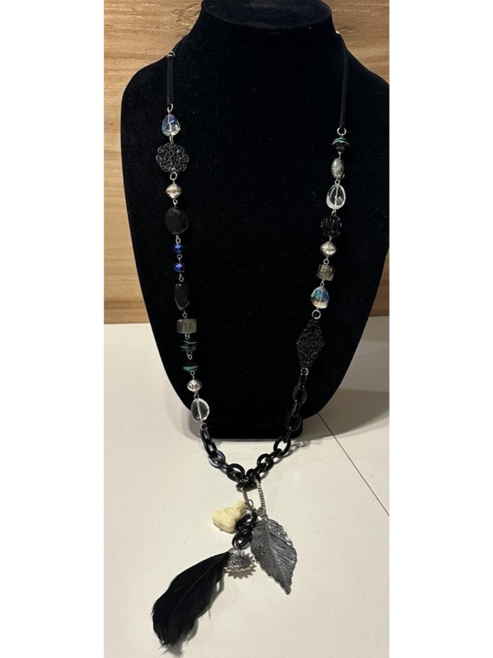 Express Long Statement Necklace Mixed Media Feather Buddha Boho Zen